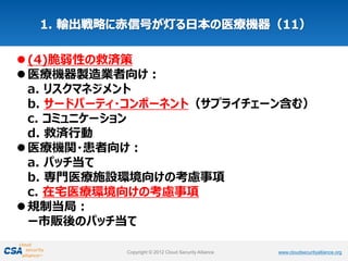 www.cloudsecurityalliance.orgCopyright © 2012 Cloud Security Alliance www.cloudsecurityalliance.orgCopyright © 2012 Cloud Security Alliance
(4)脆弱性の救済策
医療機器製造業者向け：
a. リスクマネジメント
b. サードパーティ・コンポーネント（サプライチェーン含む）
c. コミュニケーション
d. 救済行動
医療機関・患者向け：
a. パッチ当て
b. 専門医療施設環境向けの考慮事項
c. 在宅医療環境向けの考慮事項
規制当局：
ー市販後のパッチ当て
 