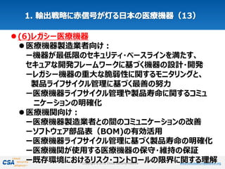 www.cloudsecurityalliance.orgCopyright © 2012 Cloud Security Alliance www.cloudsecurityalliance.orgCopyright © 2012 Cloud Security Alliance
(6)レガシー医療機器
医療機器製造業者向け：
ー機器が最低限のセキュリティ・ベースラインを満たす、
セキュアな開発フレームワークに基づく機器の設計・開発
ーレガシー機器の重大な脆弱性に関するモニタリングと、
製品ライフサイクル管理に基づく最善の努力
ー医療機器ライフサイクル管理や製品寿命に関するコミュ
ニケーションの明確化
医療機関向け：
ー医療機器製造業者との間のコミュニケーションの改善
ーソフトウェア部品表（BOM)の有効活用
ー医療機器ライフサイクル管理に基づく製品寿命の明確化
ー医療機関が使用する医療機器の保守・維持の保証
ー既存環境におけるリスク・コントロールの限界に関する理解
 