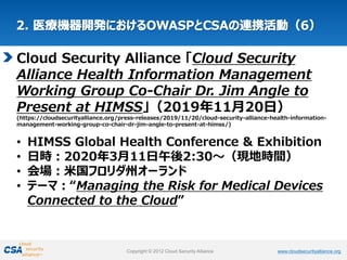 www.cloudsecurityalliance.orgCopyright © 2012 Cloud Security Alliance www.cloudsecurityalliance.orgCopyright © 2012 Cloud Security Alliance
Cloud Security Alliance 「Cloud Security
Alliance Health Information Management
Working Group Co-Chair Dr. Jim Angle to
Present at HIMSS」（2019年11月20日）
(https://cloudsecurityalliance.org/press-releases/2019/11/20/cloud-security-alliance-health-information-
management-working-group-co-chair-dr-jim-angle-to-present-at-himss/)
• HIMSS Global Health Conference & Exhibition
• 日時：2020年3月11日午後2:30～（現地時間）
• 会場：米国フロリダ州オーランド
• テーマ：“Managing the Risk for Medical Devices
Connected to the Cloud”
 