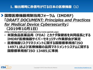 www.cloudsecurityalliance.orgCopyright © 2012 Cloud Security Alliance www.cloudsecurityalliance.orgCopyright © 2012 Cloud Security Alliance
国際医療機器規制当局フォーラム（IMDRF)
「DRAFT DOCUMENT: Principles and Practices
for Medical Device Cybersecurity」
（2019年10月1日）
(http://www.imdrf.org/consultations/cons-ppmdc.asp)
• 米国食品医薬品局（FDA）とカナダ保健省を共同座長とする
IMDRF医療機器サイバーセキュリティ作業部会が策定
• 医療機器リスクマネジメントに関する国際標準規格「ISO
14971」および医療機器の品質マネジメントシステムに関する
国際標準規格「ISO 13485」に準拠
 