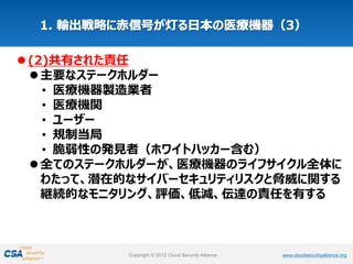 www.cloudsecurityalliance.orgCopyright © 2012 Cloud Security Alliance www.cloudsecurityalliance.orgCopyright © 2012 Cloud Security Alliance
(2)共有された責任
主要なステークホルダー
• 医療機器製造業者
• 医療機関
• ユーザー
• 規制当局
• 脆弱性の発見者（ホワイトハッカー含む）
全てのステークホルダーが、医療機器のライフサイクル全体に
わたって、潜在的なサイバーセキュリティリスクと脅威に関する
継続的なモニタリング、評価、低減、伝達の責任を有する
 