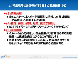 www.cloudsecurityalliance.orgCopyright © 2012 Cloud Security Alliance www.cloudsecurityalliance.orgCopyright © 2012 Cloud Security Alliance
(3)情報共有
全てのステークホルダーが積極的に情報共有分析組織
（ISAOs）へ参画するよう推奨
(4)特定、保護、検知、対応、復旧する能力
NISTサイバーセキュリティフレームワークとのマッピング
(5)国際調和
イノベーションを促進し、安全性および有効性のある医療
機器への迅速な患者のアクセスを可能にする
患者安全の維持を保証するために、世界の医療サイバー
セキュリティへの取り組みが集約される必要がある
 