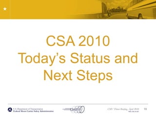 U.S. Department of Transportation
Federal Motor Carrier Safety Administration
CMV Driver Briefing, April 2010
FMC-CSA-10-027
CSA 2010
Today’s Status and
Next Steps
19
 