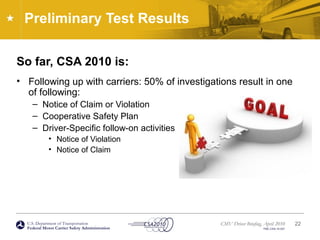 U.S. Department of Transportation
Federal Motor Carrier Safety Administration
CMV Driver Briefing, April 2010
FMC-CSA-10-027
Preliminary Test Results
So far, CSA 2010 is:
• Following up with carriers: 50% of investigations result in one
of following:
– Notice of Claim or Violation
– Cooperative Safety Plan
– Driver-Specific follow-on activities
• Notice of Violation
• Notice of Claim
22
 