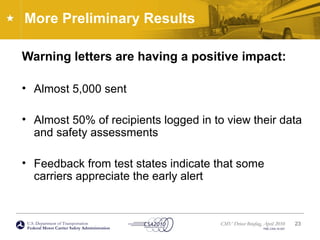 U.S. Department of Transportation
Federal Motor Carrier Safety Administration
CMV Driver Briefing, April 2010
FMC-CSA-10-027
More Preliminary Results
Warning letters are having a positive impact:
• Almost 5,000 sent
• Almost 50% of recipients logged in to view their data
and safety assessments
• Feedback from test states indicate that some
carriers appreciate the early alert
23
 