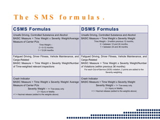 The SMS formulas. CSMS Formulas DSMS Formulas Unsafe Driving, Controlled Substance and Alcohol BASIC Measure = Time Weight x Severity Weight/Average Measure of Carrier PUs Time Weight –  2 = 0-12 months 1 = 12-24 months  Unsafe Driving, Controlled Substance and Alcohol BASIC Measure = Time Weight x Severity Weight Time Weight – 3=within previous 12 months, 2 = between 12 and 24 months, 1 = between 24 and 36 months Fatigued Driving, Driver Fitness, Vehicle Maintenance, and Cargo-Related BASIC Measure = Time Weight x Severity Weight/Number of Time-weighted relevant inspections Fatigued Driving, Driver Fitness, Vehicle Maintenance, and Cargo-Related BASIC Measure = Time Weight x Severity Weight/Number of Violations (within previous 36 months) For each Out-of-Service (OOS) violation, 2 points are added to the Severity weighting. Crash Indicator BASIC Measure = Time Weight x Severity Weight/ Average Measure of Carrier PUs Severity Weight –  1= Tow-away only 2 = Injury or fatality +1 = Hazmat release (added to the weights above) Crash Indicator BASIC Measure = Time Weight x Severity Weight Severity Weight –  1= Tow-away only 2 = Injury or fatality +1 = Hazmat release (added to the weights above) 