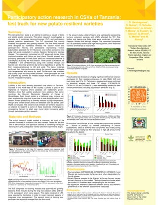 Summary
This demand-driven study is an attempt to address a couple of biotic
and abiotic potato constraints. The action research model applied is
intensive as it combines training-of-trainers (ToT) and participatory
varietal selection experiments. The ToT comprised five training
modules that spanned two growing seasons. The first three modules
were designed by facilitators whereas the second round was
participant-led. Twenty one participants representing various
stakeholders attended the ToT. Moreover, one mother and twenty-nine
baby trials were conducted in Lushoto, Kwesine, Boheloi and Maringo
villages. The experiment comprised six CIP advanced clones, three
improved varieties and Kidinya as local check. Results showed very
promising genotypes for fresh tuber yield and resistance/tolerance to
Late Blight (LB) during the main season. Three clones (CIP398208.29,
CIP388676.1 and CIP392797.22) along with varieties Shangii and
Asante were the most preferred by farmers regardless of gender for
their resistance/tolerance to LB and yield. The same materials
confirmed their high performance during the second season despite
high temperatures and severe dry spell. Furthermore they produced
high quality chips and tasty boiled potatoes. These genotypes are now
all proposed by farmers for release except Asante which has been
recently released in Tanzania.
Introduction
Lushoto is the most densely populated rural district in Tanzania.
Situated in the North-east of the country, Lushoto is part of the
highlands of Tanzania where potatoes are traditionally grown.
Statistics show that Lushoto produces more potatoes than some
countries like Burundi, Democratic Republic of Congo or
Mozambique. Even though potato is a traditional crop, farmers can
plant economically only once a year due to heat during the short rainy
season. Potato productivity is severely reduced by high temperature,
drought and climate-driven pests and diseases such as aphids, Late
Blight and viruses. The present study initiated on farmers’ request is
an attempt to respond to some of these bioclimatic challenges by
empowering farmers to plant year round while increasing yields
through participatory action research.
Materials and Methods
The action research model applied is intensive, as most of the
partners involved in facilitation are also trainees. Tested for the first
time in Mozambique, the approach consists of combining training-of-
trainers (ToT) and participatory varietal selection experiments (Fig.1).
Figure 3. Contrasting behavior to LB of two genotypes from the same experimental
block photographed almost at the same time. Note that fields were sprayed using
contact and systemic fungicides.
Results
Results obtained showed very highly significant difference between
genotypes for their resistance/tolerance to Late Blight (LB) and
fresh tuber yield (Fig. 3). Participatory assessments were confirmed
by statistical analysis and three CIP clones (CIP398208.29,
CIP392797.22 and CIP388676.1) were selected by farmers for their
overall performance, including organoleptic attributes (Fig. 5).
Figure 1. Participants to the 2-day ToT sessions: meeting room sessions (Left)
normally followed by field practice (Right) on the second day. Technical school interns
also participated to the field work.
In the present study, a total of twenty one participants representing
farmers, extension services and NGOs attended the ToT. One
Mother and twenty-nine Baby trials were conducted in Lushoto,
Kwesine, Boheloi and Maringo villages. The experiment comprised
six CIP potentially resilient and high yielding clones, three improved
varieties and Kidinya as local check.
FigureFigureFigureFigure 2.2.2.2. Average temperature (Left) and rainfall (Right) that prevailed in Lushoto
respectively during the two seasons and short rainy season. LRS=Long rainy season,
SRS=Short rainy season. Temperature increased by 6°C from one season to the other
and trials were planted on 5 – 7 November 2014.
Figure 4. Participatory Assessment of LB Resistance/tolerance of Mother and Baby
Trials using maize grains (males) and bean grains (females) during the LRS (Left),
and Average Fresh Tuber Yield from the two seasons (Right) .
Figure 5. Participatory assessment of organoleptic attributes conducted by 57
panelists in Kwesine (left) and 24 panelists in Maringo (right) for the genotypes
selected in the wetter season and re-tested in the warmer (up to 6°C increase) and
dryer season (rains only during the first 2 months) .
On the other hand Kidinya, a local variety was unanimously qualified
as “ source of poverty” by farmers participating in various
assessments. Most of farmers who had planted this variety during
the main season totally lost their crop due to high LB pressure that
prevailed in the district.
Conclusions
• Four genotypes (CIP398208.29, CIP392797.22, CIP388676.1 and
Shangii are recommended by farmers and other stakeholders for
formal release.
• Variety Obama revealed to be Shangii, a Kenyan farmers’ variety
but very famous on the market. Obama crossed the border when
the current US President was campaigning for the first term.
• No significant difference observed between men’s and women’s
preferences in the different assessments conducted.
Bibliography
• Förch W. Sijmons K,Mutie I, Kiplimo J, Cramer L, Kristjanson P, Thornton P, Radeny M, Moussa A and
Bhatta G (2013). Core Sites in the CCFS regions: East Africa, West Africa and South Asia, Version 3.
CGIAR Research Program on Climate Change, Agriculture and Food Security (CCFAS). Copenhagen,
Denmark. Available online at: www.ccafs.cgiar.org.
• International Potato Center. Mother & Baby Trial Design. Evaluation and Data Collection Guide. 20
pages.
D. Harahagazwe1,
R. Quiroz1, E. Schulte-
Geldermann1, A. Amele1,
V. Mares1, S. Kuoko2, G.
Sayula2, G. Brush2,
E. Msoka3 and M.
Rimoy3
1International Potato Center (CIP)
2Nothern Zone Agricultural
Research Institute (NZARDI), P.O.
Box 6024, Arusha, Tanzania
3District Agriculture, Irrigation and
Cooperatives Office, Lushoto,
Tanzania
fast track for new potato resilient varieties
Participatory action research in CSVs of Tanzania:
The ToT comprised five training modules that spanned two growing
seasons, three modules during the long rainy season (LRS) and two
in the subsequent short rainy season. The topics covered in LRS
were selected by facilitators in order to cover important aspects of
integrated crop management. The second round of training was
participant-led as topics emerged from the first round.
Acknowledgements
This study is being funded by
CCAFS, CIP and the
Government of the United
Republic of Tanzania.
Day (from 1 November 2014)
0 10 20 30 40 50 60 70 80 90
Rainfall(mm)
0
10
20
30
40
Kwesine Village
Genotype
ShangiiCIP
398208.2
9
Kid
in
yaCIP
392797.2
2
AsanteC
IP
388676.1
TotalVote(numberofgrains)
0
10
20
30
40
50
60
70
Chips - Males
Chips - Females
Boiled potatoes - Males
Boiled potatoes - Females
Maringo Village
Genotype
Asante
CIP
388676.1CIP392797.2
2
Kid
in
ya
ShangiiCIP398208.2
9
TotalVote(numberofgrains)
0
10
20
30
40
Chips - Males
Chips - Females
Boiled potatoes - Males
Boiled potatoes - Females
Genotype
CIP388676.1C
IP
398208.2
9CIP392797.2
2
Shangii
Asante
Kid
in
ya
FreshTuberYield(t.ha-1)
0
10
20
30
40
50
2014 Long rainy season
2014 Short rainy season
Late Blight Resistance/tolerance
Genotype
C
IP
398208.2
9
Asante
O
bam
a
Shangii
C
IP
388676.1
C
IP
300055.3
2
CIP392797.2
2
C
IP
390478.9
C
IP
397073.7
Kid
in
ya
TotalVote(numberofgrains)
0
20
40
60
80
100
Females
Males
Days after planting
0 10 20 30 40 50 60 70 80 90 100 110 120 130
Dailyaveragetemperature(0C)
12
14
16
18
20
22
24
LRS2014
SRS2014
Contact:
d.harahagazwe@cgiar.org
 