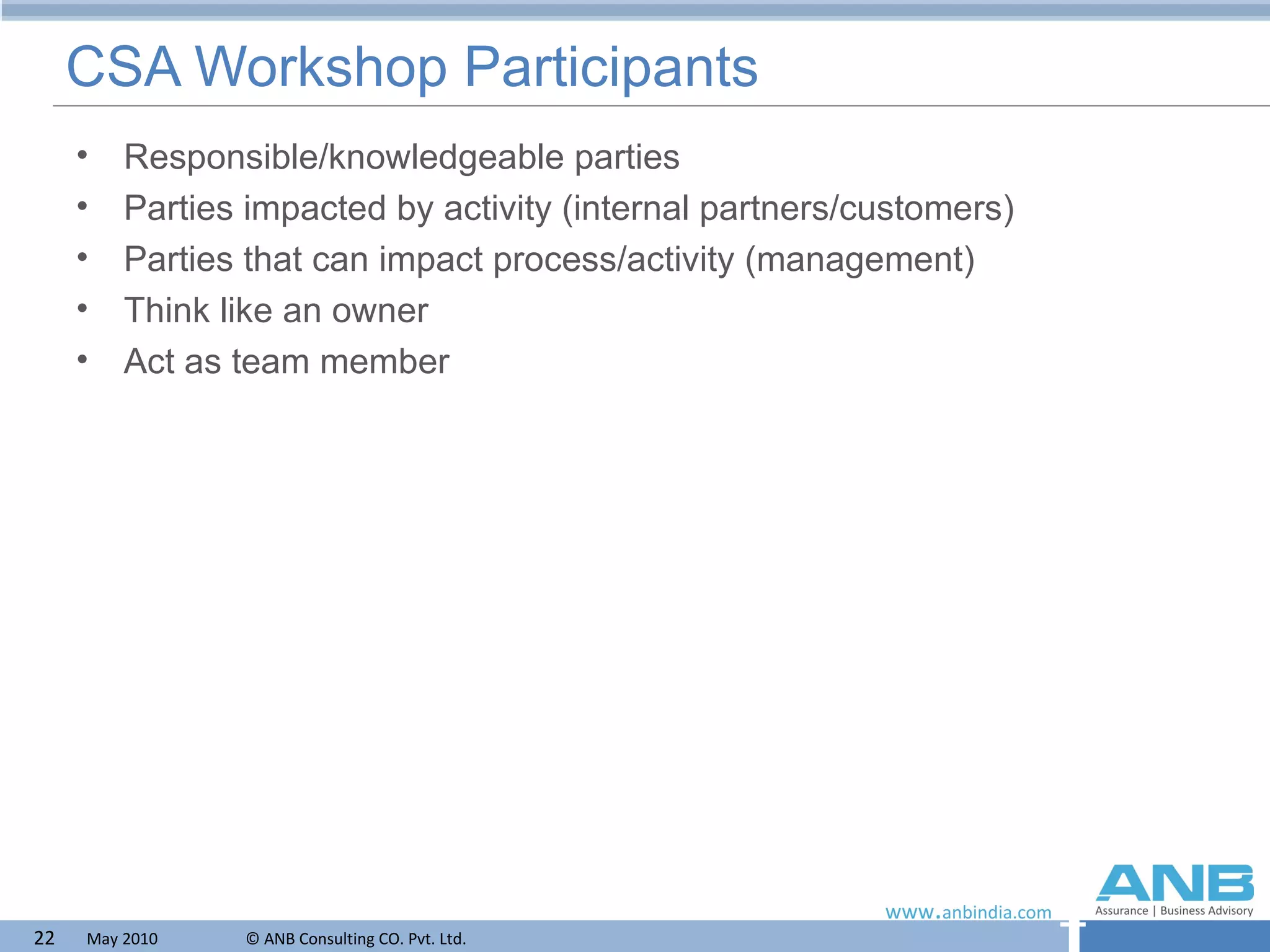 CSA Workshop Participants Responsible/knowledgeable parties Parties impacted by activity (internal partners/customers) Parties that can impact process/activity (management) Think like an owner  Act as team member  