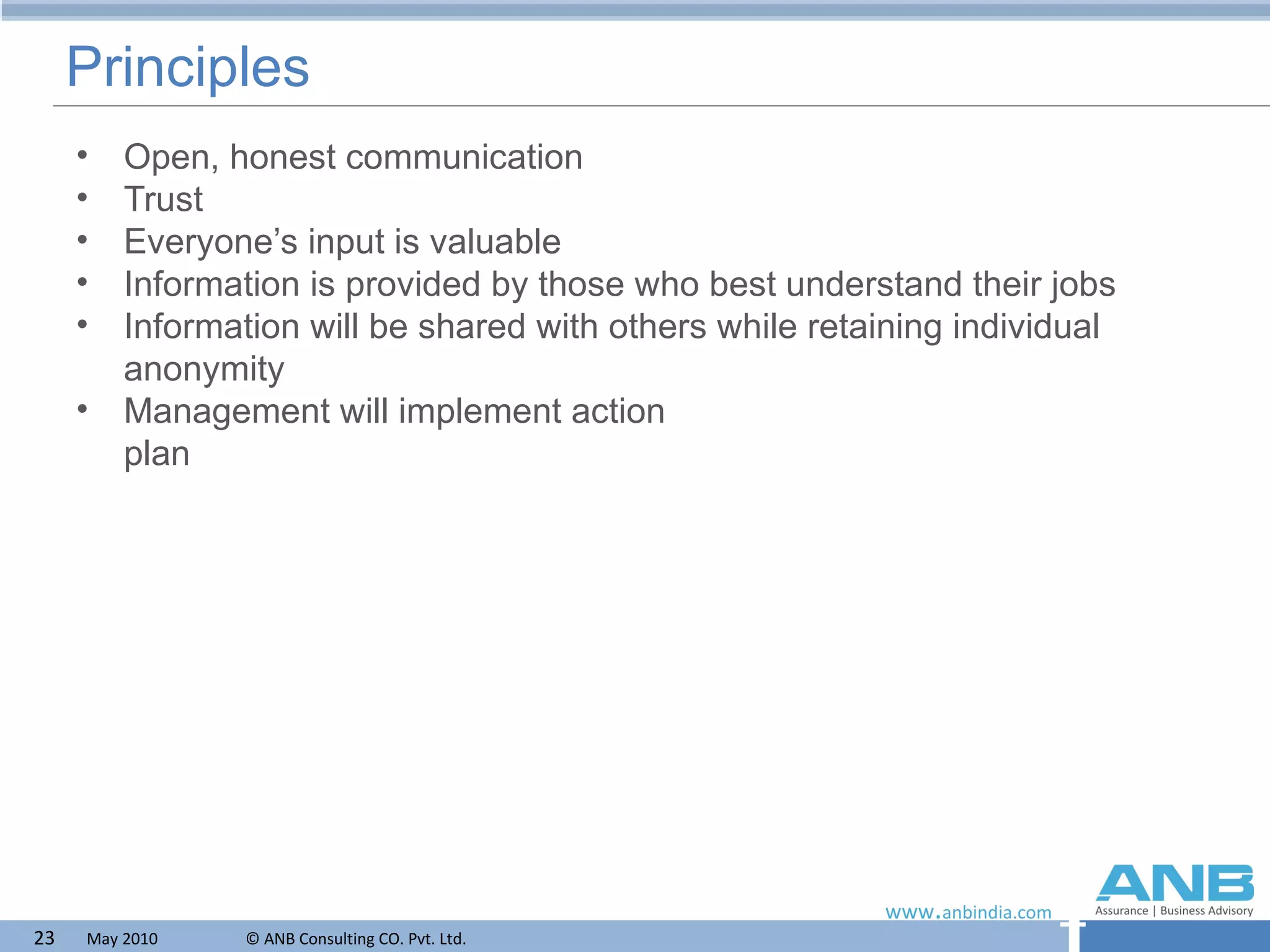 Principles Open, honest communication Trust Everyone’s input is valuable Information is provided by those who best understand their jobs Information will be shared with others while retaining individual anonymity Management will implement action  plan  