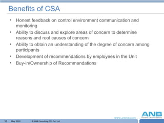 Benefits of CSA Honest feedback on control environment communication and monitoring  Ability to discuss and explore areas of concern to determine reasons and root causes of concern Ability to obtain an understanding of the degree of concern among participants Development of recommendations by employees in the Unit Buy-in/Ownership of Recommendations 