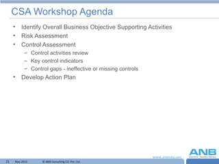 CSA Workshop Agenda Identify Overall Business Objective Supporting Activities  Risk Assessment Control Assessment Control activities review  Key control indicators Control gaps - ineffective or missing controls Develop Action Plan 