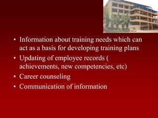 • Information about training needs which can
act as a basis for developing training plans
• Updating of employee records (
achievements, new competencies, etc)
• Career counseling
• Communication of information
 