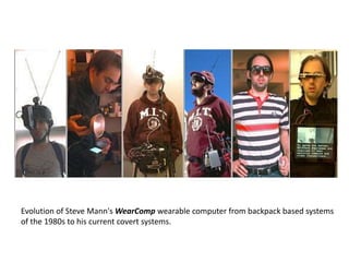 Evolution of Steve Mann's WearComp wearable computer from backpack based systems
of the 1980s to his current covert systems.
 