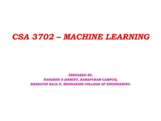 CSA 3702 – MACHINE LEARNING
PREPARED BY,
NANDHINI S (SRMIST, RAMAPURAM CAMPUS),
BHARATHI RAJA N, MENNAKSHI COLLEGE OF ENGINEERING.
 