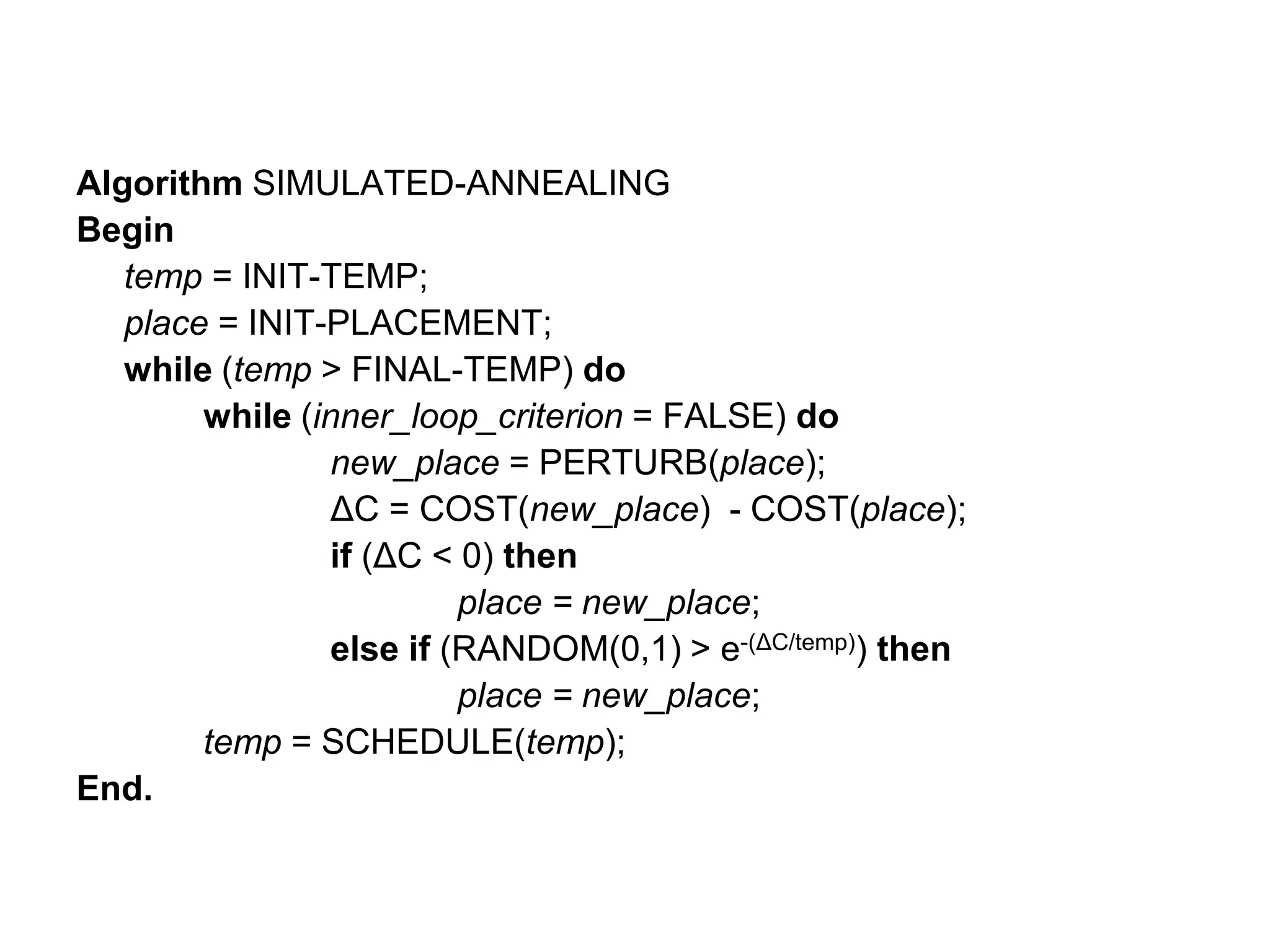 Algorithm SIMULATED-ANNEALING
Begin
temp = INIT-TEMP;
place = INIT-PLACEMENT;
while (temp > FINAL-TEMP) do
while (inner_loop_criterion = FALSE) do
new_place = PERTURB(place);
ΔC = COST(new_place) - COST(place);
if (ΔC < 0) then
place = new_place;
else if (RANDOM(0,1) > e-(ΔC/temp)) then
place = new_place;
temp = SCHEDULE(temp);
End.
 