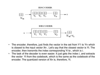• The encoder, therefore, just finds the vector in the set from Y1 to Yn which
is closest to the input vector Xn . Let's say that the closest vector is Yi. The
encoder, then transmits the index corresponding Yi to , which is i.
• The task of the decoder is even easier. It just gets the index i, and extracts
the vector Yi from the codebook, which is the same as the codebook of the
encoder. The quantized version of Xn is, therefore, Yi.
 