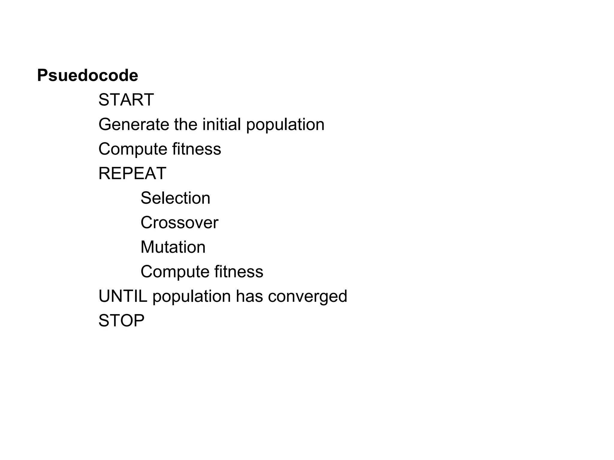 Psuedocode
START
Generate the initial population
Compute fitness
REPEAT
Selection
Crossover
Mutation
Compute fitness
UNTIL population has converged
STOP
 