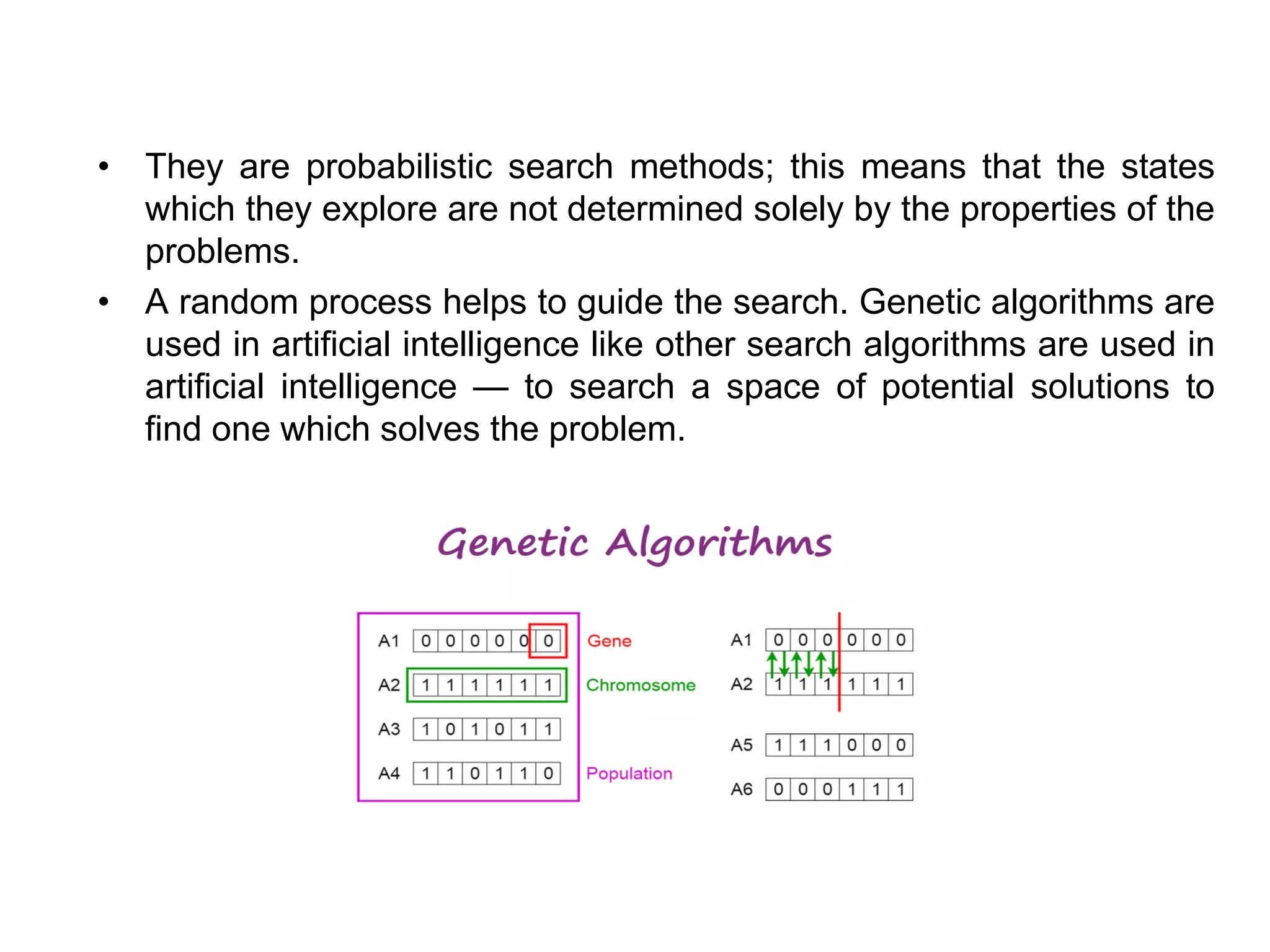 • They are probabilistic search methods; this means that the states
which they explore are not determined solely by the properties of the
problems.
• A random process helps to guide the search. Genetic algorithms are
used in artificial intelligence like other search algorithms are used in
artificial intelligence — to search a space of potential solutions to
find one which solves the problem.
 