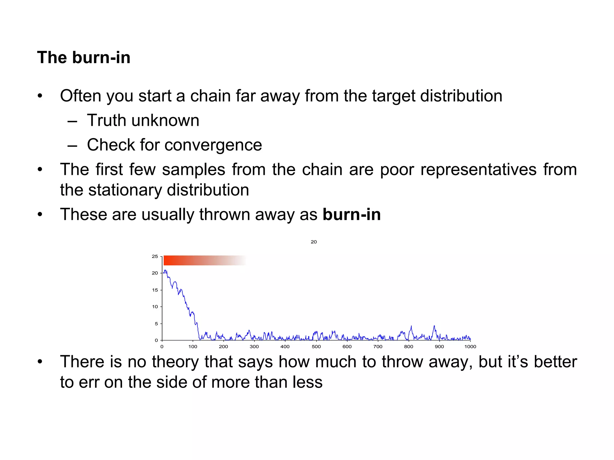 The burn-in
• Often you start a chain far away from the target distribution
– Truth unknown
– Check for convergence
• The first few samples from the chain are poor representatives from
the stationary distribution
• These are usually thrown away as burn-in
• There is no theory that says how much to throw away, but it’s better
to err on the side of more than less
20
0
5
10
15
20
25
0 100 200 300 400 500 600 700 800 900 1000
 