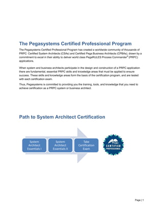 Page | 1
The Pegasystems Certified Professional Program
The Pegasystems Certified Professional Program has created a worldwide community of thousands of
PRPC: Certified System Architects (CSAs) and Certified Pega Business Architects (CPBAs), drawn by a
commitment to excel in their ability to deliver world class PegaRULES Process Commander©
(PRPC)
applications.
When system and business architects participate in the design and construction of a PRPC application
there are fundamental, essential PRPC skills and knowledge areas that must be applied to ensure
success. These skills and knowledge areas form the basis of the certification program, and are tested
with each certification exam.
Thus, Pegasystems is committed to providing you the training, tools, and knowledge that you need to
achieve certification as a PRPC system or business architect.
Path to System Architect Certification
System 
Architect 
Essentials I
System 
Architect 
Essentials II
Take 
Certification 
Exam
 