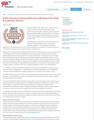 Location: Concord, CA 94519 Change | Current Policyholders: Make a Payment
Company Overview › Careers › Press Room › Contact Us ›
CSAA Insurance Group Wins Stevie® Award for Sales
& Customer Service
April 03, 2017
WALNUT CREEK, Calif., April 3, 2017 – CSAA Insurance
Group received a bronze Stevie® Award in the
“Customer Service Leader” category in the 11th annual
Stevie Awards for Sales & Customer Service. The Stevie
Awards are among the world’s top honors for customer
service, contact center, business development and sales
professionals.
“AAA Members are at the center of everything we do,”
said John Ingersoll, CSAA Insurance Group’s vice
president of brand. “This prestigious recognition
validates our accomplishments with our customer experience management initiatives. We remain
committed to making insurance simple, proactive and personal.”
With a plan to change the way people feel about insurance, CSAA Insurance Group recognized that
competing with other insurance companies isn’t enough because companies such as Amazon,
Zappos and Airbnb are raising the bar for consumer expectations. Using company and consumer
data, CSAA Insurance Group implemented a customer experience management initiative: using
customer feedback to design interactions that meet or exceed customer expectations and increase
satisfaction, loyalty and advocacy. Opportunities to support the evolving needs of customers were
identified and the company made significant improvements in processes and technology as part of
a larger company initiative to build new, scalable capabilities to better serve AAA Members.
“For example, a Customer Relationship Management solution was deployed to sales, service and
marketing users,” said Ingersoll. “It provides tools for customer engagement and a 360-degree
customer view and enables the company to become more innovative and customer-centric.”
The CRM tool effort was part of CSAA Insurance Group’s recent transformation to better serve AAA
Members. The company also invested in capabilities including policy and claims systems, digital,
data and analytics and innovation.
“The Stevie Awards for Sales & Customer Service continue to be among the most competitive and
fastest-growing of our awards programs,” said Michael Gallagher, founder and president of the
Stevie Awards. “The growth of the program illustrates the importance of sales, business
development and customer service in successful enterprises of all types, and shows how integral
recognition in these domains are to building and maintaining corporate reputations.”
The awards were presented during a banquet on Friday, February 24, at Caesars Palace in Las Vegas,
Nevada. More than 650 executives from numerous industries around the world attended. More
than 75 members of several specialized judging committees determined the awardees, and finalists
were determined by another 77 judges.
About The Stevie AwardsAbout The Stevie Awards
Stevie Awards are conferred in seven programs: the Asia-Pacific Stevie Awards, the German Stevie
Awards, The American Business Awards, The International Business Awards, the Stevie Awards for
Great Employers, the Stevie Awards for Women in Business and the Stevie Awards for Sales &
Customer Service. Stevie Awards competitions receive more than 10,000 entries each year from
organizations in more than 60 nations. Honoring organizations of all types and sizes and the
people behind them, the Stevies recognize outstanding performances in the workplace worldwide.
Learn more about the Stevie Awards at www.StevieAwards.com.
About CSAA Insurance GroupAbout CSAA Insurance Group
CSAA Insurance Group, a AAA Insurer, offers automobile, homeowners and other personal lines of
insurance to AAA members through AAA clubs in 23 states and the District of Columbia. Founded
Jason WillettJason Willett
Public Relations
jason.willett@csaa.com
Office: 925.279.4878
Cell: 925.278.3312
Press Contacts
More Press Articles
Consumer Tips: Simple Steps to Swim Safely
March 29, 2017
Consumer Tips: Eight Questions to Ask Your Insurer
March 21, 2017
CSAA Insurance Group Executive Named to 2017 Junior
Achievement Hall of Fame
March 21, 2017
Consumer Tips: Tame Wildfire with a Defensible Space
March 14, 2017
More ArticlesMore Articles
Home > Press Room > CSAA Insurance Group Wins Stevie Award for Sales & Customer Service
 