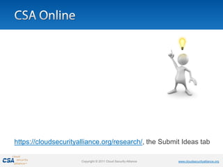 https://cloudsecurityalliance.org/research/, the Submit Ideas tab

                      Copyright © 2011 Cloud Security Alliance   www.cloudsecurityalliance.org
 