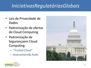 31
• Leis de Privacidade de
Dados
• Padronização de ofertas
de Cloud Computing
• Padronização da
Segurançaem Cloud
Computing
– “Trusted Cloud”
– Assessement& Audit
IniciativasRegulatóriasGlobais
fonte: sxc.hu
 