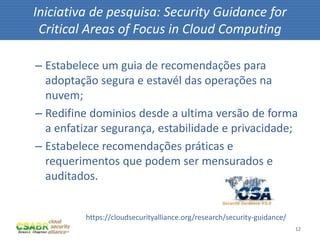 Iniciativa de pesquisa: Security Guidance for
 Critical Areas of Focus in Cloud Computing

– Estabelece um guia de recomendações para
  adoptação segura e estavél das operações na
  nuvem;
– Redifine dominios desde a ultima versão de forma
  a enfatizar segurança, estabilidade e privacidade;
– Estabelece recomendações práticas e
  requerimentos que podem ser mensurados e
  auditados.


          https://cloudsecurityalliance.org/research/security-guidance/
                                                                          12
 