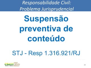 Responsabilidade Civil:
  Problema Jurisprudencial

   Suspensão
  preventiva de
    conteúdo
STJ - Resp 1.316.921/RJ
                             fonte: sxc.hu



                                        24
 