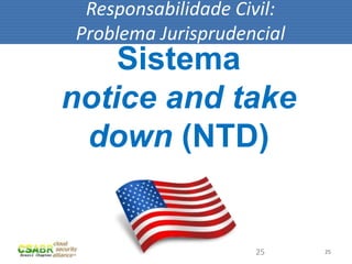 Responsabilidade Civil:
Problema Jurisprudencial
    Sistema
notice and take
 down (NTD)


                    25     25
 