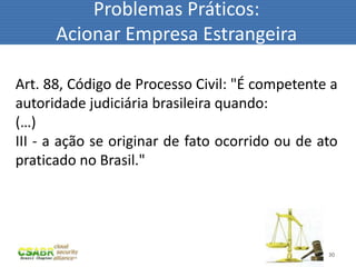 Problemas Práticos:
      Acionar Empresa Estrangeira

Art. 88, Código de Processo Civil: "É competente a
autoridade judiciária brasileira quando:
(…)
III - a ação se originar de fato ocorrido ou de ato
praticado no Brasil."




                                                 30
 
