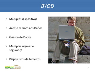 BYOD

• Múltiplos dispositivos

• Acesso remoto aos Dados

• Guarda de Dados

• Múltiplas regras de
  segurança

• Dispositivos de terceiros
                                     fonte: sxc.hu



                                                32
 
