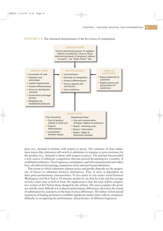 CSAC03 1/13/07 9:20 Page 73




                                                                          CHAPTER 3    INDUSTRY ANALYSIS: THE FUNDAMENTALS   73




           FIGURE 3.4 The structural determinants of the ﬁve forces of competition


                                                        SUPPLIER POWER
                                            Factors determining power of suppliers
                                              relative to producers; same as those
                                            determining power of producers relative
                                               to buyers – see “Buyer Power” box.




                  THREAT OF ENTRY                       INDUSTRY RIVALRY                      THREAT OF
             l   Economies of scale                l   Concentration                         SUBSTITUTES
             l   Absolute cost                     l   Diversity of competitors          l Buyer propensity to
                 advantages                        l   Product differentiation             substitute
             l   Capital requirements                                                    l Relative prices and
                                                   l   Excess capacity and
             l   Product differentiation               exit barriers                       performance of
                                                                                           substitutes
             l   Access to distribution            l   Cost conditions
                 channels
             l   Government and legal
                 barriers
             l   Retaliation by
                 established producers



                                                          BUYER POWER
                                  Price Sensitivity           Bargaining Power
                                  l Cost of product           l Size and concentration
                                    relative to total cost      of buyers relative to producers
                                  l Product                   l Buyers’ switching costs
                                    differentiation           l Buyers’ information
                                  l Competition               l Buyers’ ability to
                                    between buyers              backward integrate




           price (i.e., demand is inelastic with respect to price). The existence of close substi-
           tutes means that customers will switch to substitutes in response to price increases for
           the product (i.e., demand is elastic with respect to price). The internet has provided
           a new source of substitute competition that has proved devastating for a number of
           established industries. Travel agencies, newspapers, and telecommunication providers
           have all suffered devastating competition from internet-based substitutes.
              The extent to which substitutes depress prices and proﬁts depends on the propen-
           sity of buyers to substitute between alternatives. This, in turn, is dependent on
           their price–performance characteristics. If city-center to city-center travel between
           Washington and New York is 50 minutes quicker by air than by train and the average
           traveler values time at $30 an hour, the implication is that the train will be competi-
           tive at fares of $25 below those charged by the airlines. The more complex the prod-
           uct and the more difﬁcult it is to discern performance differences, the lower the extent
           of substitution by customers on the basis of price differences. The failure of low-priced
           imitations of leading perfumes to establish signiﬁcant market share reﬂects consumers’
           difﬁculty in recognizing the performance characteristics of different fragrances.
 