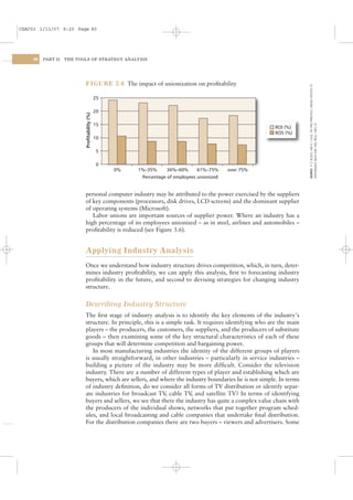 CSAC03 1/13/07 9:20 Page 80




    80   PART II   THE TOOLS OF STRATEGY ANALYSIS




                          FIGURE 3.6 The impact of unionization on proﬁtability




                                                                                                                     SOURCE: R. D. BUZZELL AND B. T. GALE, THE PIMS PRINCIPLES: LINKING STRATEGY TO
                                              25

                                              20
                           Proﬁtability (%)




                                                                                                                     PERFORMANCE (NEW YORK: FREE PRESS, 1987): 67
                                              15
                                                                                                        ROI (%)
                                                                                                        ROS (%)
                                              10

                                               5

                                               0
                                                   0%   1%–35%     36%–60%      61%–75%      over 75%
                                                         Percentage of employees unionized


                          personal computer industry may be attributed to the power exercised by the suppliers
                          of key components (processors, disk drives, LCD screens) and the dominant supplier
                          of operating systems (Microsoft).
                             Labor unions are important sources of supplier power. Where an industry has a
                          high percentage of its employees unionized – as in steel, airlines and automobiles –
                          proﬁtability is reduced (see Figure 3.6).


                          Applying Industry Analysis
                          Once we understand how industry structure drives competition, which, in turn, deter-
                          mines industry proﬁtability, we can apply this analysis, ﬁrst to forecasting industry
                          proﬁtability in the future, and second to devising strategies for changing industry
                          structure.


                          Describing Industry Structure
                          The ﬁrst stage of industry analysis is to identify the key elements of the industry’s
                          structure. In principle, this is a simple task. It requires identifying who are the main
                          players – the producers, the customers, the suppliers, and the producers of substitute
                          goods – then examining some of the key structural characteristics of each of these
                          groups that will determine competition and bargaining power.
                             In most manufacturing industries the identity of the different groups of players
                          is usually straightforward, in other industries – particularly in service industries –
                          building a picture of the industry may be more difﬁcult. Consider the television
                          industry. There are a number of different types of player and establishing which are
                          buyers, which are sellers, and where the industry boundaries lie is not simple. In terms
                          of industry deﬁnition, do we consider all forms of TV distribution or identify separ-
                          ate industries for broadcast TV cable TV and satellite TV? In terms of identifying
                                                             ,         ,
                          buyers and sellers, we see that there the industry has quite a complex value chain with
                          the producers of the individual shows, networks that put together program sched-
                          ules, and local broadcasting and cable companies that undertake ﬁnal distribution.
                          For the distribution companies there are two buyers – viewers and advertisers. Some
 