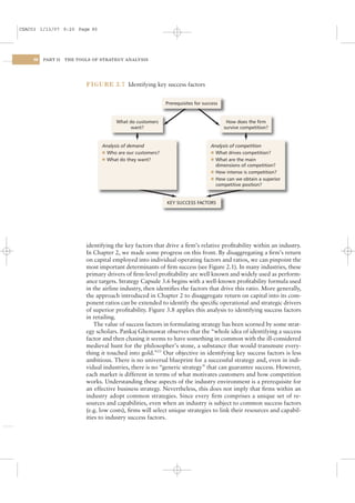 CSAC03 1/13/07 9:20 Page 90




    90   PART II   THE TOOLS OF STRATEGY ANALYSIS




                          FIGURE 3.7 Identifying key success factors


                                                           Prerequisites for success


                                      What do customers                                 How does the firm
                                           want?                                       survive competition?


                                Analysis of demand                              Analysis of competition
                                l Who are our customers?                        l What drives competition?
                                l What do they want?                            l What are the main
                                                                                  dimensions of competition?
                                                                                l How intense is competition?
                                                                                l How can we obtain a superior
                                                                                  competitive position?


                                                           KEY SUCCESS FACTORS




                          identifying the key factors that drive a ﬁrm’s relative proﬁtability within an industry.
                          In Chapter 2, we made some progress on this front. By disaggregating a ﬁrm’s return
                          on capital employed into individual operating factors and ratios, we can pinpoint the
                          most important determinants of ﬁrm success (see Figure 2.1). In many industries, these
                          primary drivers of ﬁrm-level proﬁtability are well known and widely used as perform-
                          ance targets. Strategy Capsule 3.6 begins with a well-known proﬁtability formula used
                          in the airline industry, then identiﬁes the factors that drive this ratio. More generally,
                          the approach introduced in Chapter 2 to disaggregate return on capital into its com-
                          ponent ratios can be extended to identify the speciﬁc operational and strategic drivers
                          of superior proﬁtability. Figure 3.8 applies this analysis to identifying success factors
                          in retailing.
                              The value of success factors in formulating strategy has been scorned by some strat-
                          egy scholars. Pankaj Ghemawat observes that the “whole idea of identifying a success
                          factor and then chasing it seems to have something in common with the ill-considered
                          medieval hunt for the philosopher’s stone, a substance that would transmute every-
                          thing it touched into gold.”23 Our objective in identifying key success factors is less
                          ambitious. There is no universal blueprint for a successful strategy and, even in indi-
                          vidual industries, there is no “generic strategy” that can guarantee success. However,
                          each market is different in terms of what motivates customers and how competition
                          works. Understanding these aspects of the industry environment is a prerequisite for
                          an effective business strategy. Nevertheless, this does not imply that ﬁrms within an
                          industry adopt common strategies. Since every ﬁrm comprises a unique set of re-
                          sources and capabilities, even when an industry is subject to common success factors
                          (e.g. low costs), ﬁrms will select unique strategies to link their resources and capabil-
                          ities to industry success factors.
 