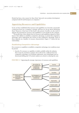 CSAC05 1/13/07 9:21 Page 139




                                                                CHAPTER 5   ANALYZING RESOURCES AND CAPABILITIES   139




           Honda has been a key reason for these ﬁrms’ fast-cycle new product development
           compared with US and European car companies.23


           Appraising Resources and Capabilities
           So far, we have established what resources and capabilities are, how they can provide
           a long-term focus for a company’s strategy, and how we can go about identifying
           them. However, if the focus of this book is the pursuit of proﬁt, we also need to
           appraise the potential for resources and capabilities to earn proﬁts for the company.
              The proﬁts that a ﬁrm obtains from its resources and capabilities depend on three
           factors: their abilities to establish a competitive advantage, to sustain that competitive
           advantage, and to appropriate the returns to that competitive advantage. Each of
           these depends on a number of resource characteristics. Figure 5.7 shows the key
           relationships.


           Establishing Competitive Advantage
           For a resource or capability to establish a competitive advantage, two conditions must
           be present:
              1 Scarcity. If a resource or capability is widely available within the industry,
                then it may be essential to compete, but it will not be a sufﬁcient basis for
                competitive advantage. In oil and gas exploration, new technologies such as
                directional drilling and 3-D seismic analysis are critical to reducing the costs


           FIGURE 5.7 Appraising the strategic importance of resources and capabilities


                                                 THE EXTENT OF                        Scarcity
                                                THE COMPETITIVE
                                                  ADVANTAGE
                                                  ESTABLISHED                        Relevance


                                                                                     Durability

             THE PROFIT-EARNING
                                                SUSTAINABILITY OF
                  POTENTIAL
                                                 THE COMPETITIVE                   Transferability
              OF A RESOURCE OR
                                                   ADVANTAGE
                 CAPABILITY
                                                                                    Replicability


                                                                                   Property rights


                                                                                      Relative
                                                 APPROPRIABILITY
                                                                                  bargaining power


                                                                                   Embeddedness
 