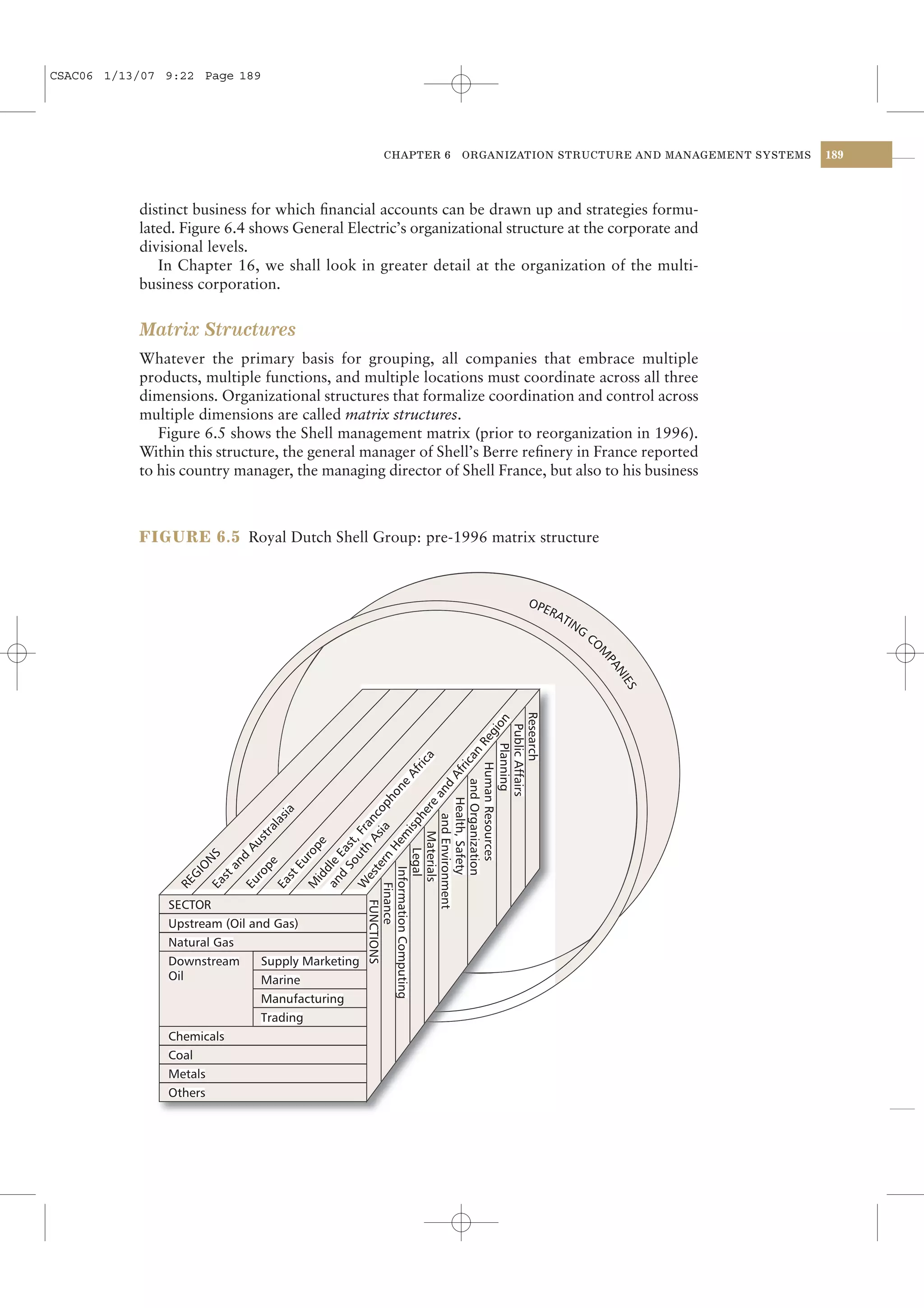 CSAC06 1/13/07 9:22 Page 189




                                                 CHAPTER 6   ORGANIZATION STRUCTURE AND MANAGEMENT SYSTEMS   189




           distinct business for which ﬁnancial accounts can be drawn up and strategies formu-
           lated. Figure 6.4 shows General Electric’s organizational structure at the corporate and
           divisional levels.
              In Chapter 16, we shall look in greater detail at the organization of the multi-
           business corporation.


           Matrix Structures
           Whatever the primary basis for grouping, all companies that embrace multiple
           products, multiple functions, and multiple locations must coordinate across all three
           dimensions. Organizational structures that formalize coordination and control across
           multiple dimensions are called matrix structures.
              Figure 6.5 shows the Shell management matrix (prior to reorganization in 1996).
           Within this structure, the general manager of Shell’s Berre reﬁnery in France reported
           to his country manager, the managing director of Shell France, but also to his business



           FIGURE 6.5 Royal Dutch Shell Group: pre-1996 matrix structure
 