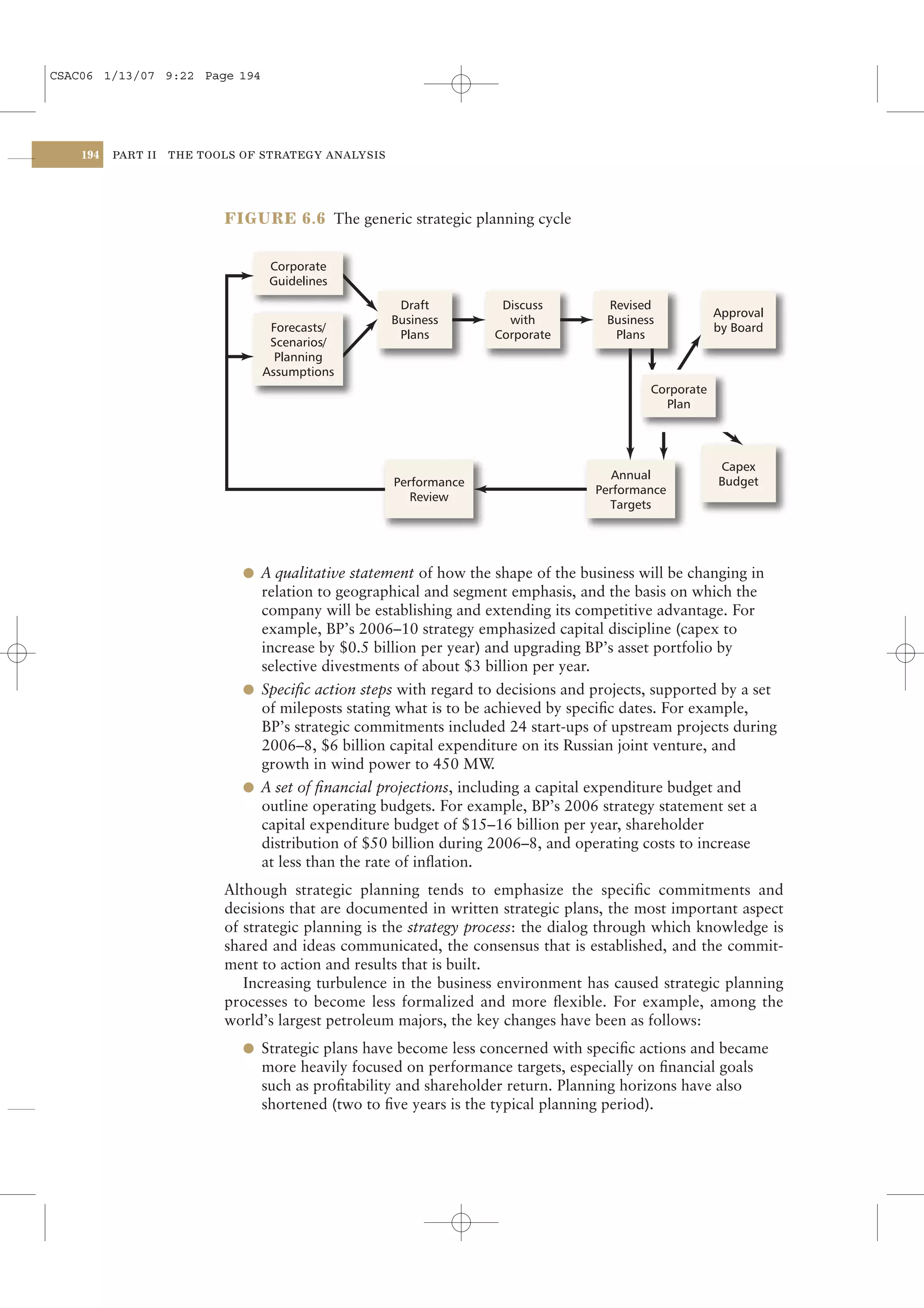CSAC06 1/13/07 9:22 Page 194




    194   PART II   THE TOOLS OF STRATEGY ANALYSIS




                           FIGURE 6.6 The generic strategic planning cycle


                                  Corporate
                                  Guidelines
                                                      Draft         Discuss         Revised
                                                                                                       Approval
                                                     Business        with           Business
                                  Forecasts/                                                           by Board
                                                      Plans        Corporate         Plans
                                  Scenarios/
                                   Planning
                                 Assumptions
                                                                                           Corporate
                                                                                             Plan




                                                                                                       Capex
                                                                                     Annual
                                                     Performance                                       Budget
                                                                                  Performance
                                                        Review
                                                                                    Targets




                              l A qualitative statement of how the shape of the business will be changing in
                                relation to geographical and segment emphasis, and the basis on which the
                                company will be establishing and extending its competitive advantage. For
                                example, BP’s 2006–10 strategy emphasized capital discipline (capex to
                                increase by $0.5 billion per year) and upgrading BP’s asset portfolio by
                                selective divestments of about $3 billion per year.
                              l Speciﬁc action steps with regard to decisions and projects, supported by a set
                                of mileposts stating what is to be achieved by speciﬁc dates. For example,
                                BP’s strategic commitments included 24 start-ups of upstream projects during
                                2006–8, $6 billion capital expenditure on its Russian joint venture, and
                                growth in wind power to 450 MW      .
                              l A set of ﬁnancial projections, including a capital expenditure budget and
                                outline operating budgets. For example, BP’s 2006 strategy statement set a
                                capital expenditure budget of $15–16 billion per year, shareholder
                                distribution of $50 billion during 2006–8, and operating costs to increase
                                at less than the rate of inﬂation.
                           Although strategic planning tends to emphasize the speciﬁc commitments and
                           decisions that are documented in written strategic plans, the most important aspect
                           of strategic planning is the strategy process: the dialog through which knowledge is
                           shared and ideas communicated, the consensus that is established, and the commit-
                           ment to action and results that is built.
                              Increasing turbulence in the business environment has caused strategic planning
                           processes to become less formalized and more ﬂexible. For example, among the
                           world’s largest petroleum majors, the key changes have been as follows:
                              l Strategic plans have become less concerned with speciﬁc actions and became
                                more heavily focused on performance targets, especially on ﬁnancial goals
                                such as proﬁtability and shareholder return. Planning horizons have also
                                shortened (two to ﬁve years is the typical planning period).
 