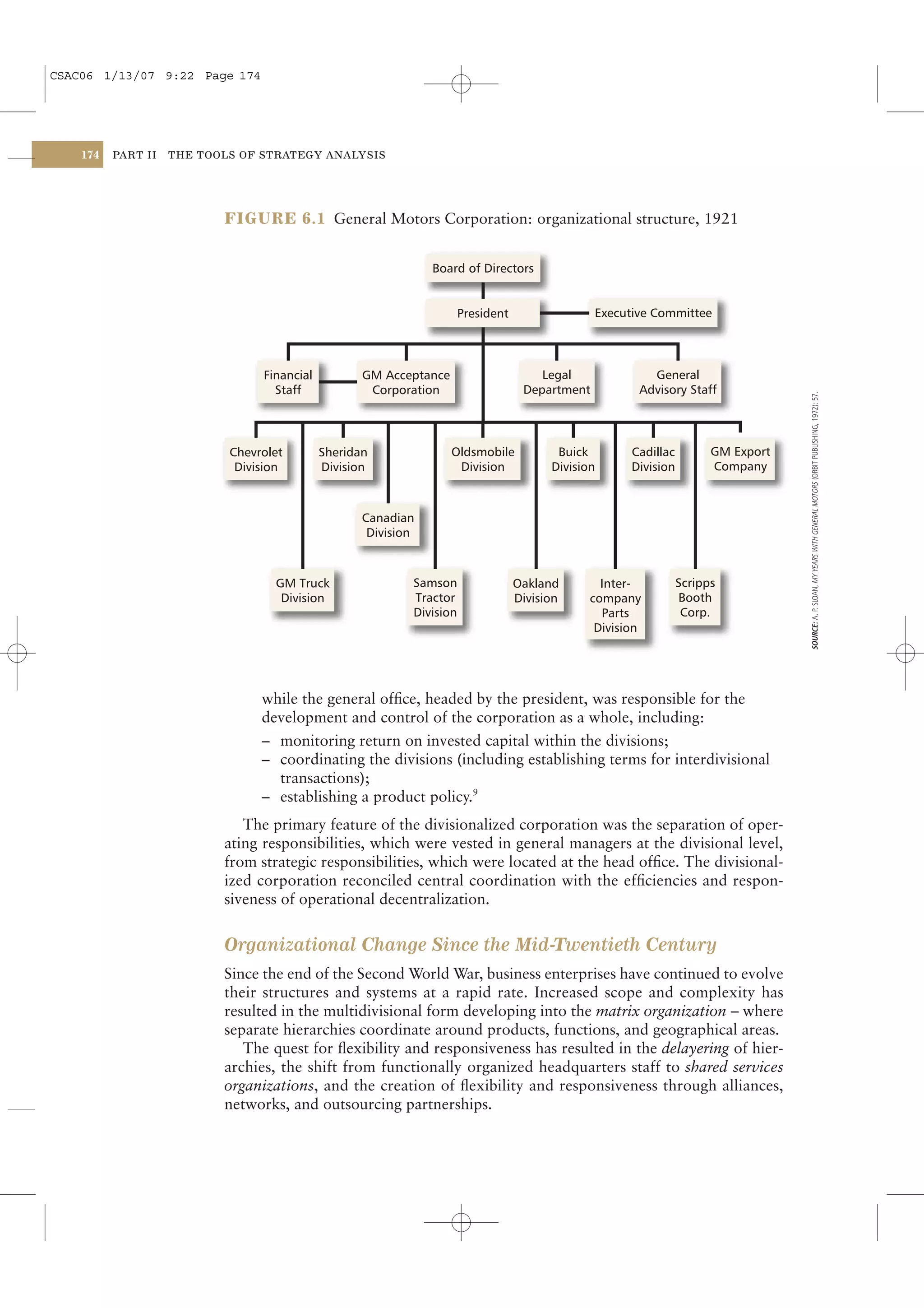CSAC06 1/13/07 9:22 Page 174




    174   PART II   THE TOOLS OF STRATEGY ANALYSIS




                           FIGURE 6.1 General Motors Corporation: organizational structure, 1921


                                                                Board of Directors


                                                                    President                 Executive Committee




                                 Financial          GM Acceptance                   Legal              General
                                   Staff             Corporation                 Department          Advisory Staff




                                                                                                                                 SOURCE: A. P. SLOAN, MY YEARS WITH GENERAL MOTORS (ORBIT PUBLISHING, 1972): 57.
                            Chevrolet        Sheridan               Oldsmobile         Buick        Cadillac         GM Export
                             Division        Division                Division         Division      Division         Company



                                                    Canadian
                                                     Division



                                   GM Truck                 Samson              Oakland        Inter-          Scripps
                                    Division                Tractor             Division     company           Booth
                                                            Division                           Parts            Corp.
                                                                                              Division




                                 while the general ofﬁce, headed by the president, was responsible for the
                                 development and control of the corporation as a whole, including:
                                 – monitoring return on invested capital within the divisions;
                                 – coordinating the divisions (including establishing terms for interdivisional
                                   transactions);
                                 – establishing a product policy.9
                              The primary feature of the divisionalized corporation was the separation of oper-
                           ating responsibilities, which were vested in general managers at the divisional level,
                           from strategic responsibilities, which were located at the head ofﬁce. The divisional-
                           ized corporation reconciled central coordination with the efﬁciencies and respon-
                           siveness of operational decentralization.


                           Organizational Change Since the Mid-Twentieth Century
                           Since the end of the Second World War, business enterprises have continued to evolve
                           their structures and systems at a rapid rate. Increased scope and complexity has
                           resulted in the multidivisional form developing into the matrix organization – where
                           separate hierarchies coordinate around products, functions, and geographical areas.
                              The quest for ﬂexibility and responsiveness has resulted in the delayering of hier-
                           archies, the shift from functionally organized headquarters staff to shared services
                           organizations, and the creation of ﬂexibility and responsiveness through alliances,
                           networks, and outsourcing partnerships.
 