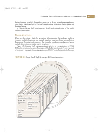 CSAC06 1/13/07 9:22 Page 189




                                                 CHAPTER 6   ORGANIZATION STRUCTURE AND MANAGEMENT SYSTEMS   189




           distinct business for which ﬁnancial accounts can be drawn up and strategies formu-
           lated. Figure 6.4 shows General Electric’s organizational structure at the corporate and
           divisional levels.
              In Chapter 16, we shall look in greater detail at the organization of the multi-
           business corporation.


           Matrix Structures
           Whatever the primary basis for grouping, all companies that embrace multiple
           products, multiple functions, and multiple locations must coordinate across all three
           dimensions. Organizational structures that formalize coordination and control across
           multiple dimensions are called matrix structures.
              Figure 6.5 shows the Shell management matrix (prior to reorganization in 1996).
           Within this structure, the general manager of Shell’s Berre reﬁnery in France reported
           to his country manager, the managing director of Shell France, but also to his business



           FIGURE 6.5 Royal Dutch Shell Group: pre-1996 matrix structure
 