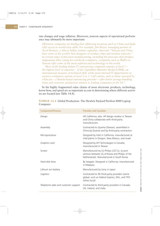 CSAC14 1/13/07 9:26 Page 372




    372   PART V   CORPORATE STRATEGY




                          rate changes and wage inﬂation. Moreover, noncost aspects of operational perform-
                          ance may ultimately be more important:
                            [ W]estern companies are ﬁnding that offshoring locations such as China and India
                            offer access to world-class skills. For example, Jim Breyer, managing partner of
                            Accel Partners, a Silicon Valley venture capitalist, observed: “Taiwan and China
                            have some of the world’s best designers of wireless chips and wireless software.”
                            In certain types of precision manufacturing, including the processes that produce
                            magnesium alloy casing for notebook computers, companies such as Waffer in
                            Taiwan offer some of the most sophisticated technology in the world.
                               Most of the leading Indian IT outsourcing companies operate at level 5 –
                            the highest level of expertise – of the Capability Maturity Model (CMM), an
                            international measure of technical skill, while most internal IT departments in
                            western companies operate at level 2 or 3. Call centres, such as those operated by
                            eTelecare – a Manila-based outsourcing provider – offer better average handling
                            times and customer satisfaction relative to leading companies in the US.13
                             In the highly fragmented value chains of most electronic products, technology,
                          know-how, and speed are as important as cost in determining where different activit-
                          ies are located (see Table 14.4).

                          TABLE 14.4 Global Production: The Hewlett Packard Pavilion 8000 Laptop
                          Computer

                           Component/Process                      Provider and Location

                           Design                                 HP, California; also, HP design studios in Taiwan
                                                                  and China collaborate with third-party
                                                                  manufacturers
                           Assembly                               Contracted to Quanta (Taiwan); assembled in
                                                                  China by Quanta and by third-party contractors
                           Microprocessor                         Designed by Intel in California; manufactured at
                                                                  Intel plants in Oregon, New Mexico, and Israel
                           Graphics card                          Designed by ATI Technologies in Canada;
                                                                  manufactured in Taiwan
                                                                                                                      SOURCES: WWW.HP.COM; “THE LAPTOP TRAIL” WALL STREET JOURNAL (JUNE 9, 2005).




                           Screen                                 Manufactured by LG Philips LCD Co. (a joint
                                                                  venture between LG of Korea and Philips of the
                                                                  Netherlands). Manufactured in South Korea
                           Hard disk drive                        By Seagate. Designed in California; manufactured
                                                                  in Malaysia
                           Lithium ion battery                    Manufactured by Sony in Japan
                           Logistics                              Contracted to 40 third-party providers (some
                                                                  global, such as Federal Express, DHL, and TNT;
                                                                  others local)
                           Telephone sales and customer support   Contracted to third-party providers in Canada,
                                                                  UK, Ireland, and India
 