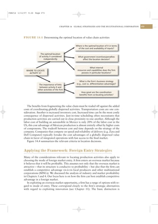 CSAC14 1/13/07 9:26 Page 373




                                                CHAPTER 14   GLOBAL STRATEGIES AND THE MULTINATIONAL CORPORATION   373




           FIGURE 14.4 Determining the optimal location of value chain activities


                                                              Where is the optimal location of X in terms
                                                                of the cost and availability of inputs?

                          The optimal location
                         of activity X considered               What government incentives/penalties
                              independently                         affect the location decision?


                                                                            What internal
             WHERE TO LOCATE                                   resources and capabilities does the firm
               ACTIVITY X?                                         possess in particular locations?



                                                                  What is the firm’s business strategy
                         The importance of links               (e.g., cost vs. differentiation advantage)?
                         between activity X and
                        other activities of the firm
                                                                   How great are the coordination
                                                                 benefits from co-locating activities?




              The beneﬁts from fragmenting the value chain must be traded off against the added
           costs of coordinating globally dispersed activities. Transportation costs are one con-
           sideration. Another is increased inventory cost. Increased time can be the most costly
           consequence of dispersed activities. Just-in-time scheduling often necessitates that
           production activities are carried out in close proximity to one another. Although the
           labor cost of building an automobile in Mexico is only 20% of the labor cost in the
           US, this cost advantage of Mexican production is almost entirely offset by higher costs
           of components. The tradeoff between cost and time depends on the strategy of the
           company. Companies that compete on speed and reliability of delivery (e.g. Zara and
           Dell Computer) typically forsake the cost advantages of a globally dispersed value
           chain in favor of integrated operations with fast access to the ﬁnal market.
              Figure 14.4 summarizes the relevant criteria in location decisions.


           Applying the Framework: Foreign Entry Strategies
           Many of the considerations relevant to locating production activities also apply to
           choosing the mode of foreign market entry. A ﬁrm enters an overseas market because
           it believes that it will be proﬁtable. This assumes not only that the overseas market is
           attractive – that its structure is conducive to proﬁtability – but also that the ﬁrm can
           establish a competitive advantage vis-à-vis local producers and other multinational
           corporations (MNCs). We discussed the analysis of industry and market proﬁtability
           in Chapters 3 and 4. Our focus here is on how the ﬁrm can best establish competitive
           advantage in a foreign market.
               In exploiting an overseas market opportunity, a ﬁrm has a range of options with re-
           gard to mode of entry. These correspond closely to the ﬁrm’s strategic alternatives
           with regard to exploiting innovation (see Chapter 11). The basic distinction is
 