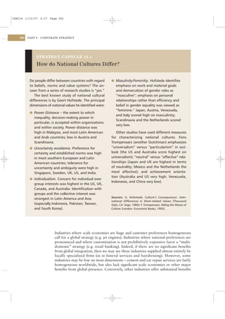 CSAC14 1/13/07 9:27 Page 382




    382   PART V   CORPORATE STRATEGY




               STRATEGY CAPSULE 14.1

               How do National Cultures Differ?


           Do people differ between countries with regard     l Masulinity/Feminitiy. Hofstede identiﬁes
           to beliefs, norms and value systems? The an-          emphasis on work and material goals
           swer from a series of research studies is “yes.”      and demarcation of gender roles as
              The best known study of national cultural          “masculine”; emphasis on personal
           differences is by Geert Hofstede. The principal       relationships rather than efﬁciency and
           dimensions of national values he identiﬁed were:      belief in gender equality was viewed as
                                                                 “feminine.” Japan, Austria, Venezuela,
           l Power Distance – the extent to which
                                                                 and Italy scored high on masculinity;
             inequality, decision-making power in
                                                                 Scandinavia and the Netherlands scored
             particular, is accepted within organizations
                                                                 very low.
             and within society. Power distance was
             high in Malaysia, and most Latin American           Other studies have used different measures
             and Arab countries; low in Austria and           for characterizing national cultures. Fons
             Scandinavia.                                     Trompenaars (another Dutchman) emphasizes
           l Uncertainty avoidance. Preference for            “universalism” versus “particularism” in out-
             certainty and established norms was high         look (the US and Australia score highest on
             in most southern European and Latin              universalism); “neutral” versus “affective” rela-
             American countries; tolerance for                tionships (Japan and UK are highest in terms
             uncertainty and ambiguity were high in           of neutrality; Mexico and the Netherlands the
             Singapore, Sweden, UK, US, and India.            most affective); and achievement orienta-
                                                              tion (Australia and US very high; Venezuela,
           l Individualism. Concern for individual over
                                                              Indonesia, and China very low).
             group interests was highest in the US, UK,
             Canada, and Australia. Identiﬁcation with
             groups and the collective interest was
                                                              Sources: G. Hofestede, Culture’s Consequences: Inter-
             strongest in Latin America and Asia
                                                              national Differences in Work-related Values (Thousand
             (especially Indonesia, Pakistan, Taiwan,         Oaks, CA: Sage, 1984); F. Trompenaars, Riding the Waves of
             and South Korea).                                Culture (London: Economist Books, 1993).




                          Industries where scale economies are huge and customer preferences homogeneous
                          call for a global strategy (e.g. jet engines). Industries where national preferences are
                          pronounced and where customization is not prohibitively expensive favor a “multi-
                          domestic” strategy (e.g. retail banking). Indeed, if there are no signiﬁcant beneﬁts
                          from global integration, then we may see these industries supplied almost entirely by
                          locally specialized ﬁrms (as in funeral services and hairdressing). However, some
                          industries may be low on most dimensions – cement and car repair services are fairly
                          homogeneous worldwide, but also lack signiﬁcant scale economies or other major
                          beneﬁts from global presence. Conversely, other industries offer substantial beneﬁts
 