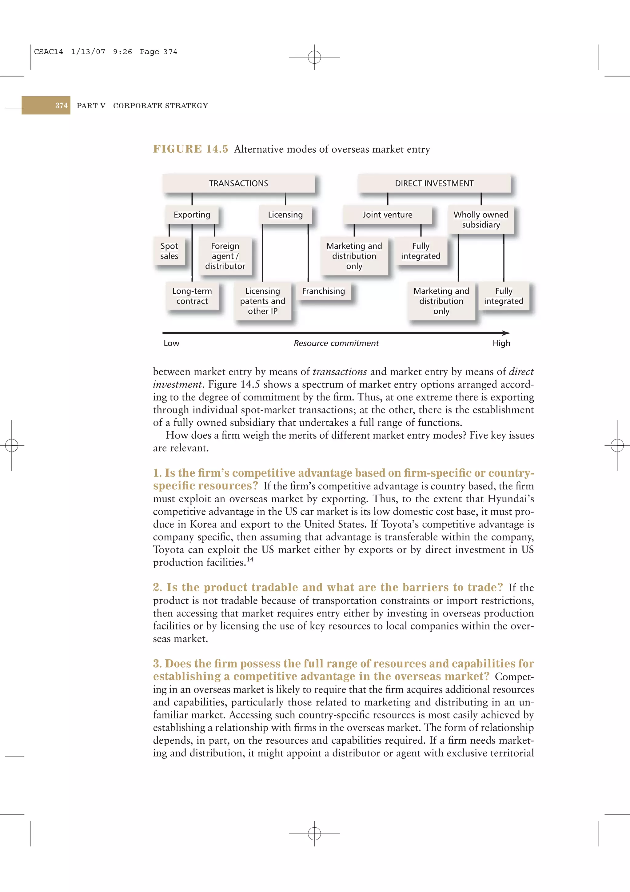 CSAC14 1/13/07 9:26 Page 374




    374   PART V   CORPORATE STRATEGY




                          FIGURE 14.5 Alternative modes of overseas market entry




                            Low                           Resource commitment                            High


                          between market entry by means of transactions and market entry by means of direct
                          investment. Figure 14.5 shows a spectrum of market entry options arranged accord-
                          ing to the degree of commitment by the ﬁrm. Thus, at one extreme there is exporting
                          through individual spot-market transactions; at the other, there is the establishment
                          of a fully owned subsidiary that undertakes a full range of functions.
                             How does a ﬁrm weigh the merits of different market entry modes? Five key issues
                          are relevant.

                          1. Is the ﬁrm’s competitive advantage based on ﬁrm-speciﬁc or country-
                          speciﬁc resources? If the ﬁrm’s competitive advantage is country based, the ﬁrm
                          must exploit an overseas market by exporting. Thus, to the extent that Hyundai’s
                          competitive advantage in the US car market is its low domestic cost base, it must pro-
                          duce in Korea and export to the United States. If Toyota’s competitive advantage is
                          company speciﬁc, then assuming that advantage is transferable within the company,
                          Toyota can exploit the US market either by exports or by direct investment in US
                          production facilities.14

                          2. Is the product tradable and what are the barriers to trade? If the
                          product is not tradable because of transportation constraints or import restrictions,
                          then accessing that market requires entry either by investing in overseas production
                          facilities or by licensing the use of key resources to local companies within the over-
                          seas market.

                          3. Does the ﬁrm possess the full range of resources and capabilities for
                          establishing a competitive advantage in the overseas market? Compet-
                          ing in an overseas market is likely to require that the ﬁrm acquires additional resources
                          and capabilities, particularly those related to marketing and distributing in an un-
                          familiar market. Accessing such country-speciﬁc resources is most easily achieved by
                          establishing a relationship with ﬁrms in the overseas market. The form of relationship
                          depends, in part, on the resources and capabilities required. If a ﬁrm needs market-
                          ing and distribution, it might appoint a distributor or agent with exclusive territorial
 