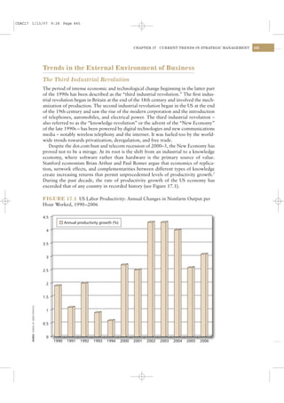 CSAC17 1/13/07 9:28 Page 445




                                                                                                  CHAPTER 17    CURRENT TRENDS IN STRATEGIC MANAGEMENT   445




                                             Trends in the External Environment of Business
                                             The Third Industrial Revolution
                                             The period of intense economic and technological change beginning in the latter part
                                             of the 1990s has been described as the “third industrial revolution.” The ﬁrst indus-
                                             trial revolution began in Britain at the end of the 18th century and involved the mech-
                                             anization of production. The second industrial revolution began in the US at the end
                                             of the 19th century and saw the rise of the modern corporation and the introduction
                                             of telephones, automobiles, and electrical power. The third industrial revolution –
                                             also referred to as the “knowledge revolution” or the advent of the “New Economy”
                                             of the late 1990s – has been powered by digital technologies and new communications
                                             media – notably wireless telephony and the internet. It was fueled too by the world-
                                             wide trends towards privatization, deregulation, and free trade.
                                                Despite the dot.com bust and telecom recession of 2000–3, the New Economy has
                                             proved not to be a mirage. At its root is the shift from an industrial to a knowledge
                                             economy, where software rather than hardware is the primary source of value.
                                             Stanford economists Brian Arthur and Paul Romer argue that economics of replica-
                                             tion, network effects, and complementarities between different types of knowledge
                                             create increasing returns that permit unprecedented levels of productivity growth.3
                                             During the past decade, the rate of productivity growth of the US economy has
                                             exceeded that of any country in recorded history (see Figure 17.1).

                                             FIGURE 17.1 US Labor Productivity: Annual Changes in Nonfarm Output per
                                             Hour Worked, 1990–2006

                                             4.5
                                                          Annual productivity growth (%)

                                              4


                                             3.5


                                              3


                                             2.5


                                              2


                                             1.5
       SOURCE: BUREAU OF LABOR STATISTICS.




                                              1


                                             0.5


                                              0
                                                   1990    1991   1992    1993   1994      2000   2001   2002   2003   2004   2005   2006
 