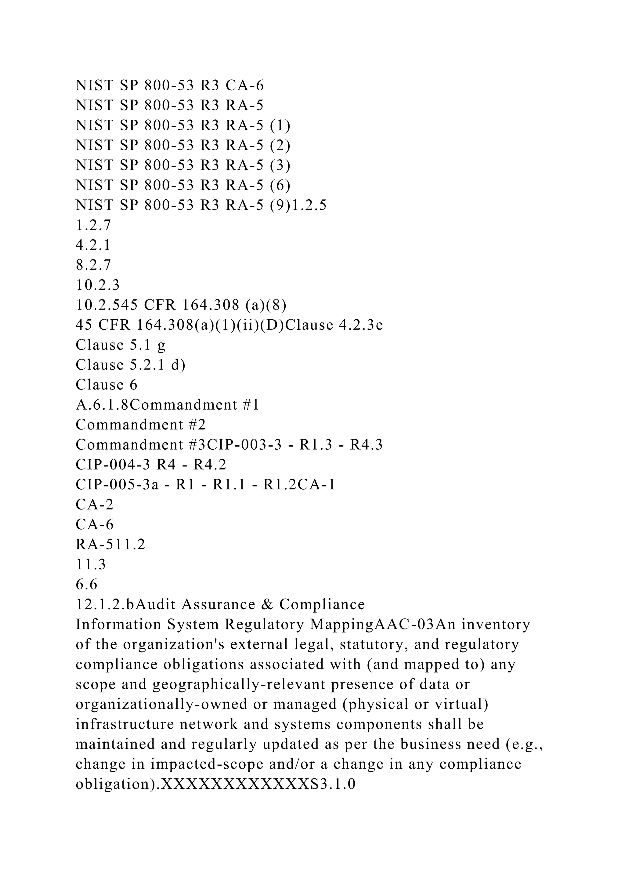 NIST SP 800-53 R3 CA-6
NIST SP 800-53 R3 RA-5
NIST SP 800-53 R3 RA-5 (1)
NIST SP 800-53 R3 RA-5 (2)
NIST SP 800-53 R3 RA-5 (3)
NIST SP 800-53 R3 RA-5 (6)
NIST SP 800-53 R3 RA-5 (9)1.2.5
1.2.7
4.2.1
8.2.7
10.2.3
10.2.545 CFR 164.308 (a)(8)
45 CFR 164.308(a)(1)(ii)(D)Clause 4.2.3e
Clause 5.1 g
Clause 5.2.1 d)
Clause 6
A.6.1.8Commandment #1
Commandment #2
Commandment #3CIP-003-3 - R1.3 - R4.3
CIP-004-3 R4 - R4.2
CIP-005-3a - R1 - R1.1 - R1.2CA-1
CA-2
CA-6
RA-511.2
11.3
6.6
12.1.2.bAudit Assurance & Compliance
Information System Regulatory MappingAAC-03An inventory
of the organization's external legal, statutory, and regulatory
compliance obligations associated with (and mapped to) any
scope and geographically-relevant presence of data or
organizationally-owned or managed (physical or virtual)
infrastructure network and systems components shall be
maintained and regularly updated as per the business need (e.g.,
change in impacted-scope and/or a change in any compliance
obligation).XXXXXXXXXXXXS3.1.0
 