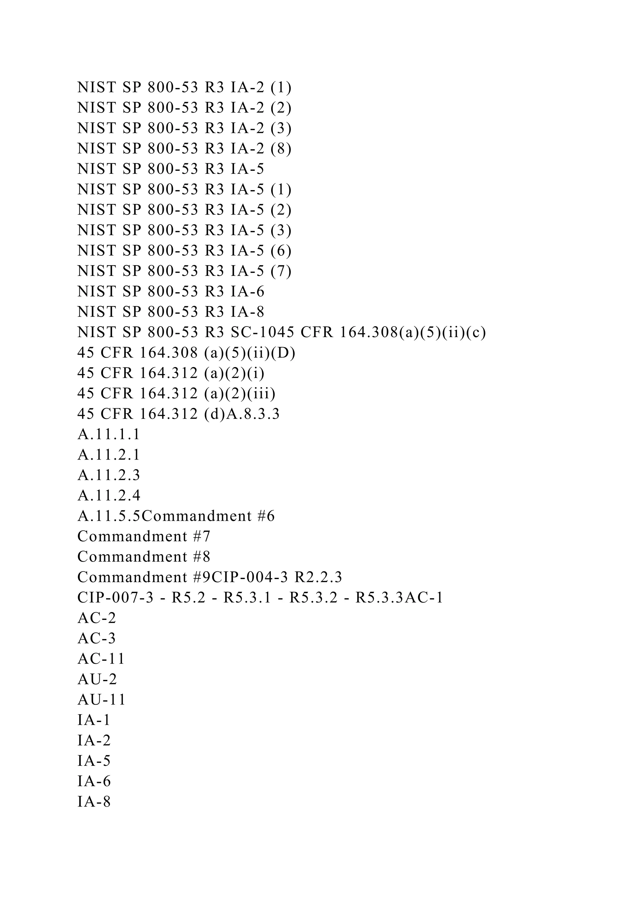 NIST SP 800-53 R3 IA-2 (1)
NIST SP 800-53 R3 IA-2 (2)
NIST SP 800-53 R3 IA-2 (3)
NIST SP 800-53 R3 IA-2 (8)
NIST SP 800-53 R3 IA-5
NIST SP 800-53 R3 IA-5 (1)
NIST SP 800-53 R3 IA-5 (2)
NIST SP 800-53 R3 IA-5 (3)
NIST SP 800-53 R3 IA-5 (6)
NIST SP 800-53 R3 IA-5 (7)
NIST SP 800-53 R3 IA-6
NIST SP 800-53 R3 IA-8
NIST SP 800-53 R3 SC-1045 CFR 164.308(a)(5)(ii)(c)
45 CFR 164.308 (a)(5)(ii)(D)
45 CFR 164.312 (a)(2)(i)
45 CFR 164.312 (a)(2)(iii)
45 CFR 164.312 (d)A.8.3.3
A.11.1.1
A.11.2.1
A.11.2.3
A.11.2.4
A.11.5.5Commandment #6
Commandment #7
Commandment #8
Commandment #9CIP-004-3 R2.2.3
CIP-007-3 - R5.2 - R5.3.1 - R5.3.2 - R5.3.3AC-1
AC-2
AC-3
AC-11
AU-2
AU-11
IA-1
IA-2
IA-5
IA-6
IA-8
 