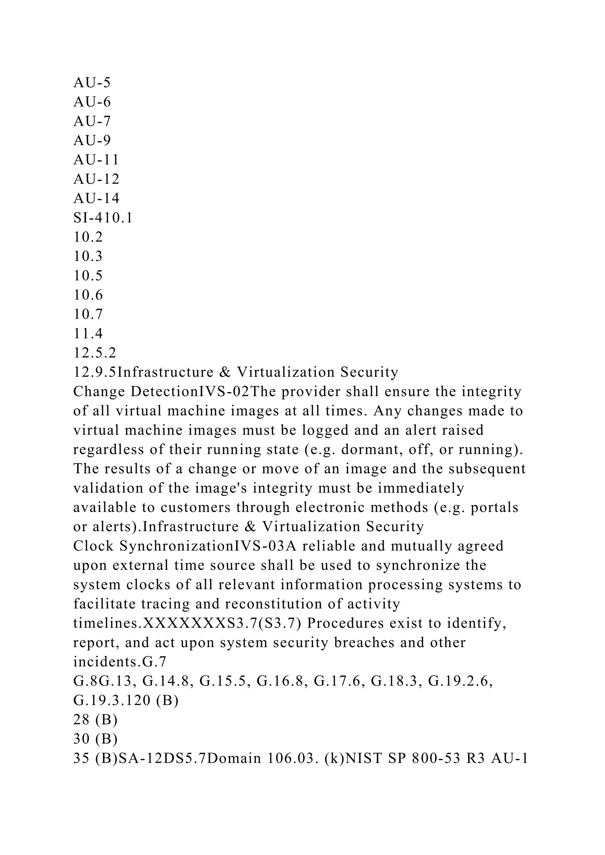 AU-5
AU-6
AU-7
AU-9
AU-11
AU-12
AU-14
SI-410.1
10.2
10.3
10.5
10.6
10.7
11.4
12.5.2
12.9.5Infrastructure & Virtualization Security
Change DetectionIVS-02The provider shall ensure the integrity
of all virtual machine images at all times. Any changes made to
virtual machine images must be logged and an alert raised
regardless of their running state (e.g. dormant, off, or running).
The results of a change or move of an image and the subsequent
validation of the image's integrity must be immediately
available to customers through electronic methods (e.g. portals
or alerts).Infrastructure & Virtualization Security
Clock SynchronizationIVS-03A reliable and mutually agreed
upon external time source shall be used to synchronize the
system clocks of all relevant information processing systems to
facilitate tracing and reconstitution of activity
timelines.XXXXXXXS3.7(S3.7) Procedures exist to identify,
report, and act upon system security breaches and other
incidents.G.7
G.8G.13, G.14.8, G.15.5, G.16.8, G.17.6, G.18.3, G.19.2.6,
G.19.3.120 (B)
28 (B)
30 (B)
35 (B)SA-12DS5.7Domain 106.03. (k)NIST SP 800-53 R3 AU-1
 
