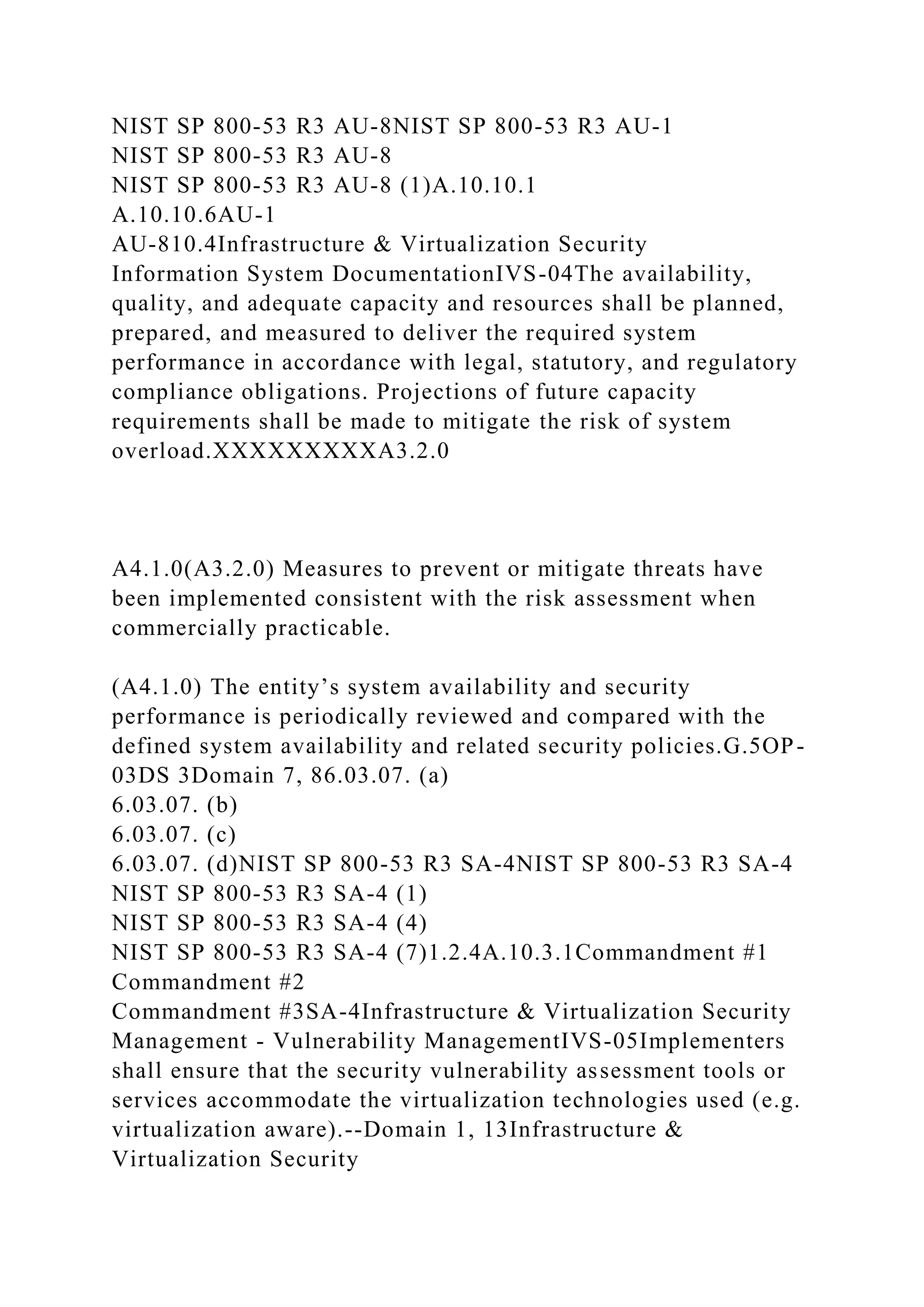 NIST SP 800-53 R3 AU-8NIST SP 800-53 R3 AU-1
NIST SP 800-53 R3 AU-8
NIST SP 800-53 R3 AU-8 (1)A.10.10.1
A.10.10.6AU-1
AU-810.4Infrastructure & Virtualization Security
Information System DocumentationIVS-04The availability,
quality, and adequate capacity and resources shall be planned,
prepared, and measured to deliver the required system
performance in accordance with legal, statutory, and regulatory
compliance obligations. Projections of future capacity
requirements shall be made to mitigate the risk of system
overload.XXXXXXXXXA3.2.0
A4.1.0(A3.2.0) Measures to prevent or mitigate threats have
been implemented consistent with the risk assessment when
commercially practicable.
(A4.1.0) The entity’s system availability and security
performance is periodically reviewed and compared with the
defined system availability and related security policies.G.5OP-
03DS 3Domain 7, 86.03.07. (a)
6.03.07. (b)
6.03.07. (c)
6.03.07. (d)NIST SP 800-53 R3 SA-4NIST SP 800-53 R3 SA-4
NIST SP 800-53 R3 SA-4 (1)
NIST SP 800-53 R3 SA-4 (4)
NIST SP 800-53 R3 SA-4 (7)1.2.4A.10.3.1Commandment #1
Commandment #2
Commandment #3SA-4Infrastructure & Virtualization Security
Management - Vulnerability ManagementIVS-05Implementers
shall ensure that the security vulnerability assessment tools or
services accommodate the virtualization technologies used (e.g.
virtualization aware).--Domain 1, 13Infrastructure &
Virtualization Security
 