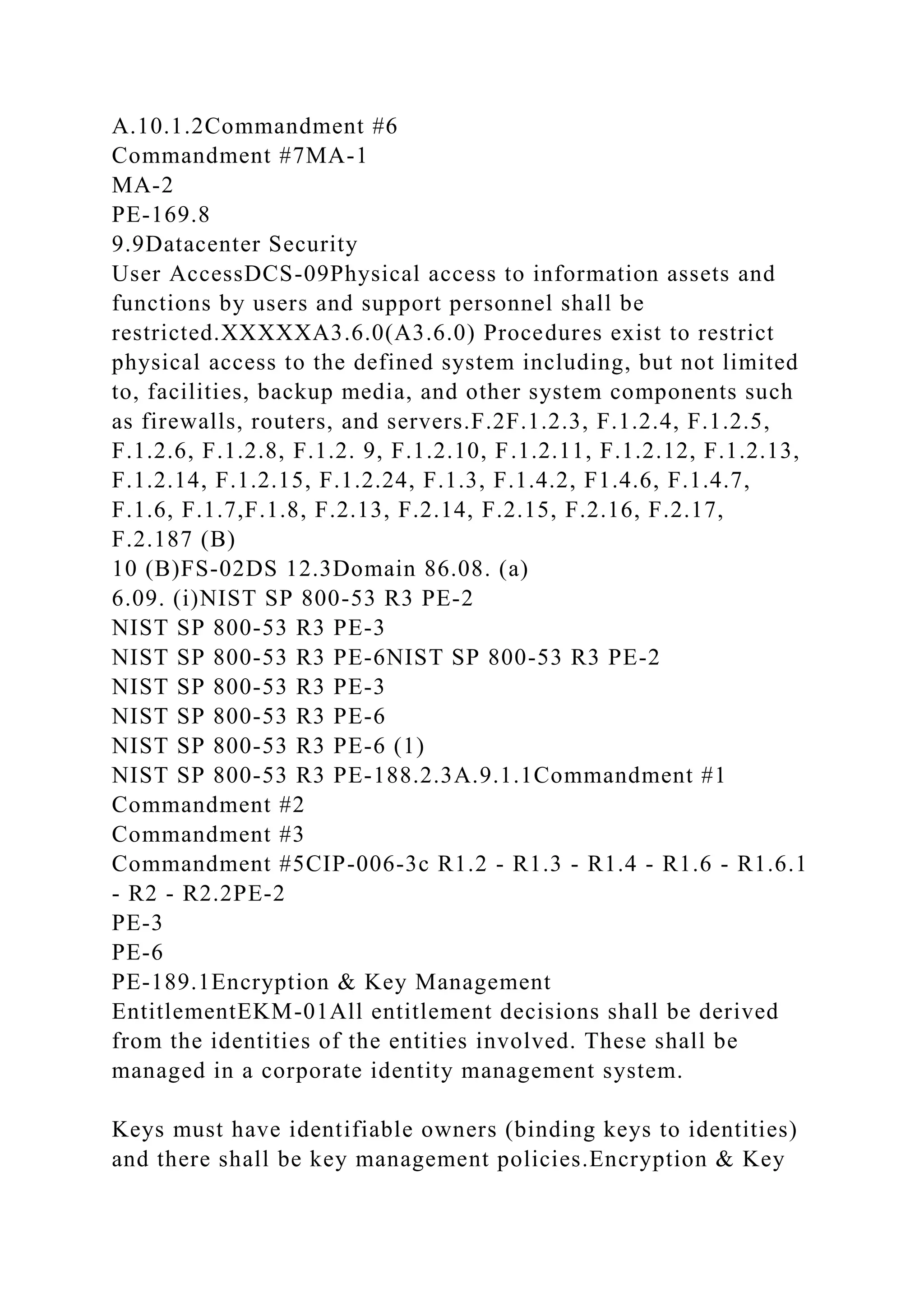 A.10.1.2Commandment #6
Commandment #7MA-1
MA-2
PE-169.8
9.9Datacenter Security
User AccessDCS-09Physical access to information assets and
functions by users and support personnel shall be
restricted.XXXXXA3.6.0(A3.6.0) Procedures exist to restrict
physical access to the defined system including, but not limited
to, facilities, backup media, and other system components such
as firewalls, routers, and servers.F.2F.1.2.3, F.1.2.4, F.1.2.5,
F.1.2.6, F.1.2.8, F.1.2. 9, F.1.2.10, F.1.2.11, F.1.2.12, F.1.2.13,
F.1.2.14, F.1.2.15, F.1.2.24, F.1.3, F.1.4.2, F1.4.6, F.1.4.7,
F.1.6, F.1.7,F.1.8, F.2.13, F.2.14, F.2.15, F.2.16, F.2.17,
F.2.187 (B)
10 (B)FS-02DS 12.3Domain 86.08. (a)
6.09. (i)NIST SP 800-53 R3 PE-2
NIST SP 800-53 R3 PE-3
NIST SP 800-53 R3 PE-6NIST SP 800-53 R3 PE-2
NIST SP 800-53 R3 PE-3
NIST SP 800-53 R3 PE-6
NIST SP 800-53 R3 PE-6 (1)
NIST SP 800-53 R3 PE-188.2.3A.9.1.1Commandment #1
Commandment #2
Commandment #3
Commandment #5CIP-006-3c R1.2 - R1.3 - R1.4 - R1.6 - R1.6.1
- R2 - R2.2PE-2
PE-3
PE-6
PE-189.1Encryption & Key Management
EntitlementEKM-01All entitlement decisions shall be derived
from the identities of the entities involved. These shall be
managed in a corporate identity management system.
Keys must have identifiable owners (binding keys to identities)
and there shall be key management policies.Encryption & Key
 